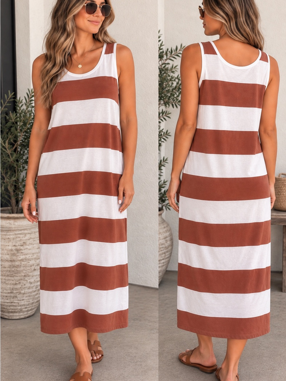 Z Supply Striped Tank Midi Dress - White & Brown